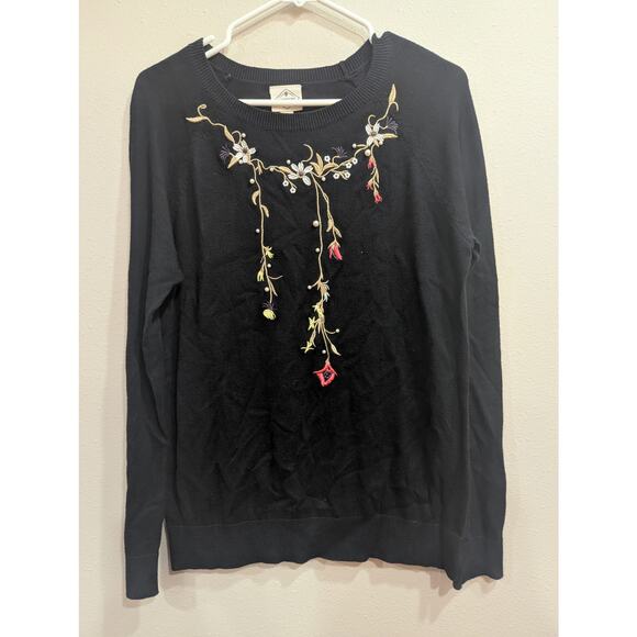 Black knit sweater w/floral embroidery & pearl embellishments by St Johns Bay, M - Picture 1 of 10